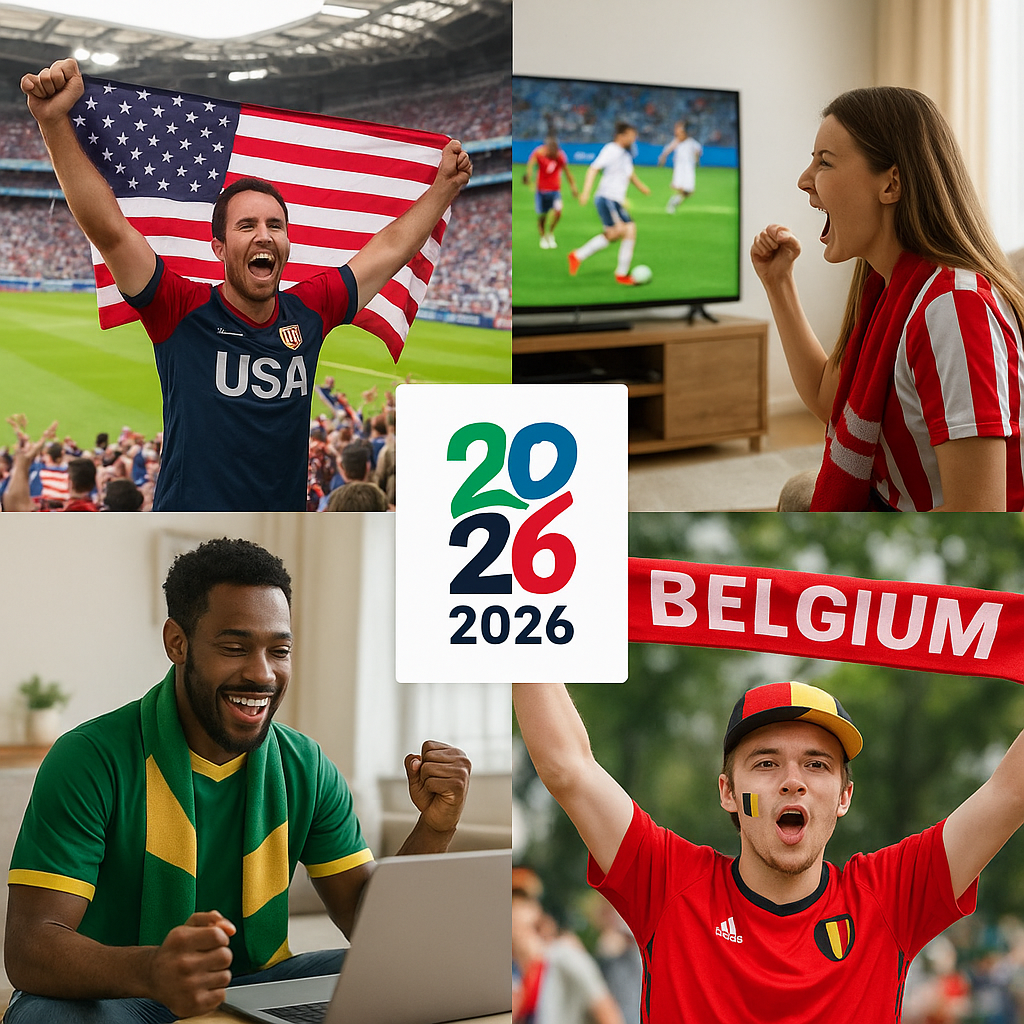 En collagebild som representerar olika sätt som fans kan följa och stödja sina favoritlag under VM 2026, inklusive li