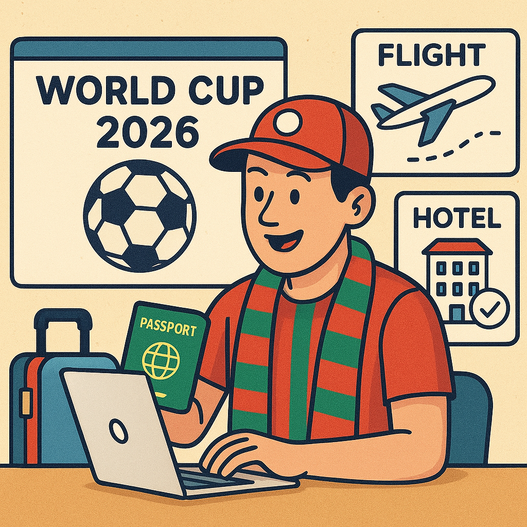 En illustrativ bild som visar en fotbollsfan som bokar sin resa till VM 2026, inklusive att ansöka om visum, boka flygb