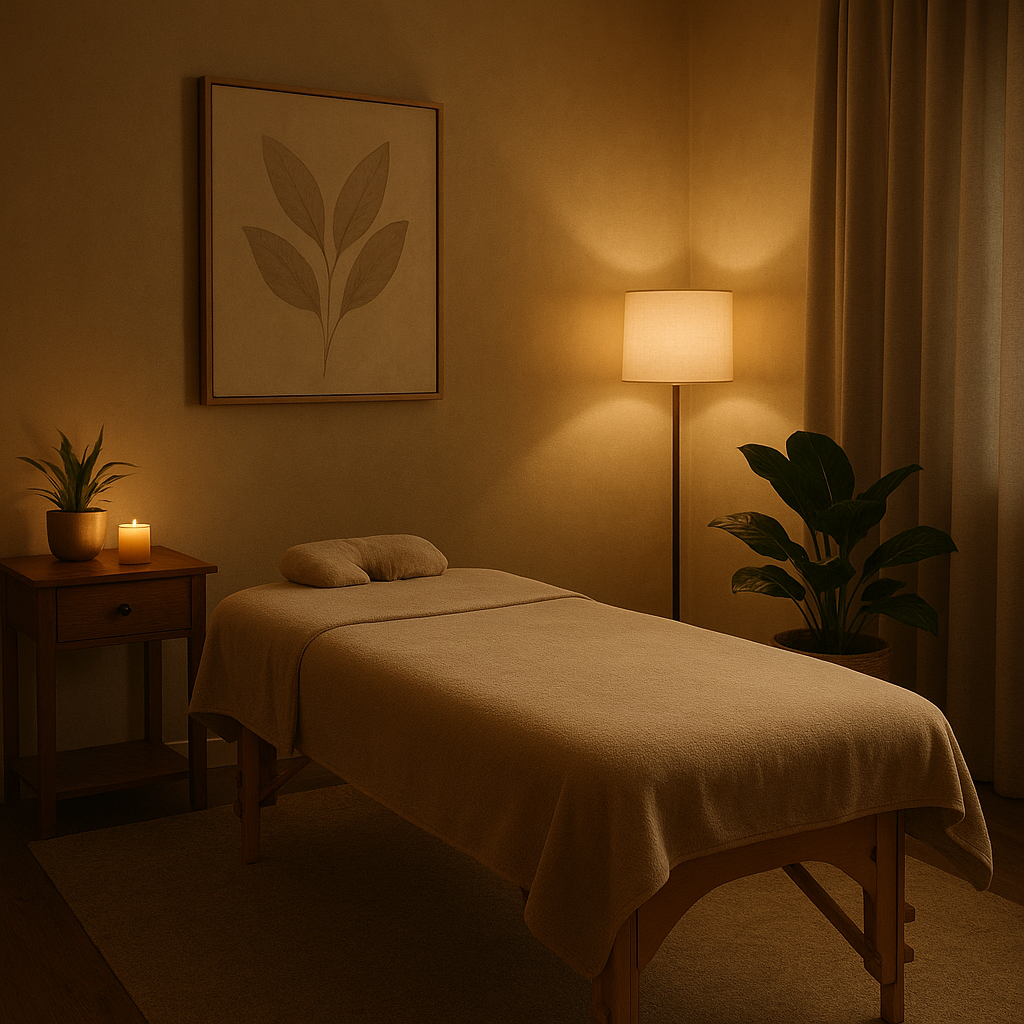 A serene massage therapy room with calming ambient lighting and a massage table, reflecting tranquility and relaxation.