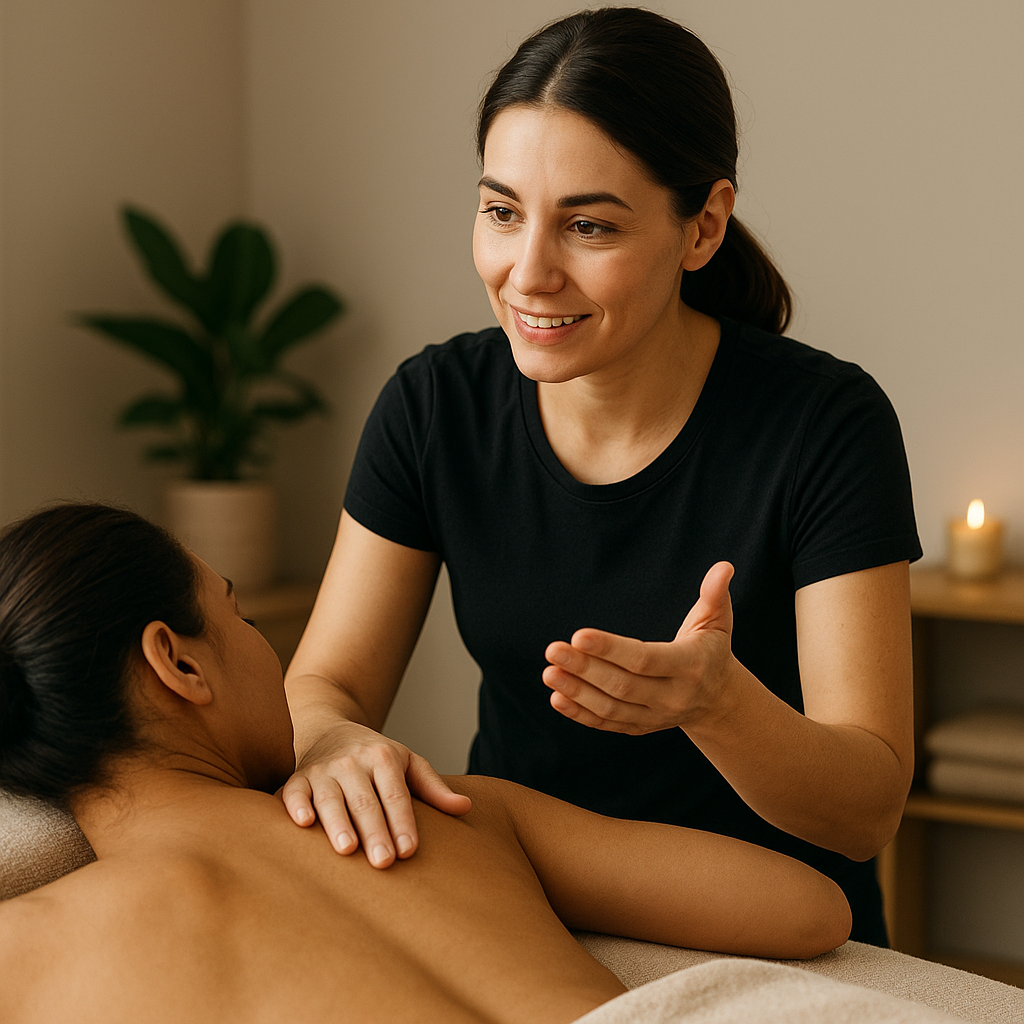 A massage therapist calmly interacting with a client, indicating communication for enhanced comfort and outcomes during