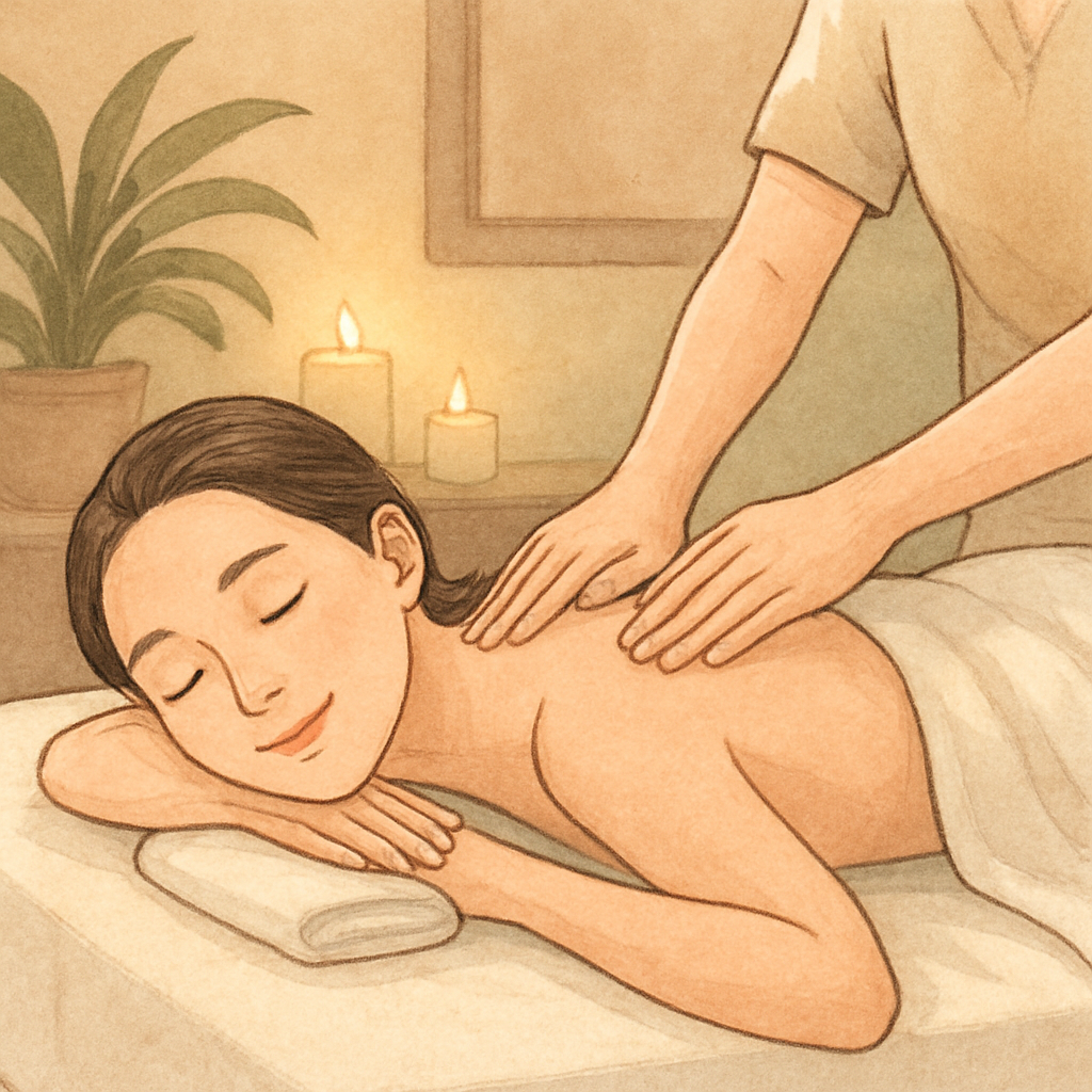 An illustration of a person receiving a relaxing massage in a calm spa environment, showing a sense of relaxation and