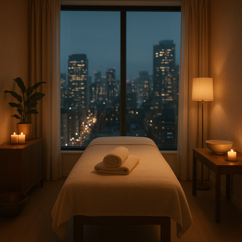 A serene urban spa setting with soft lighting and a comfortable massage table, emphasizing tranquility and relaxation